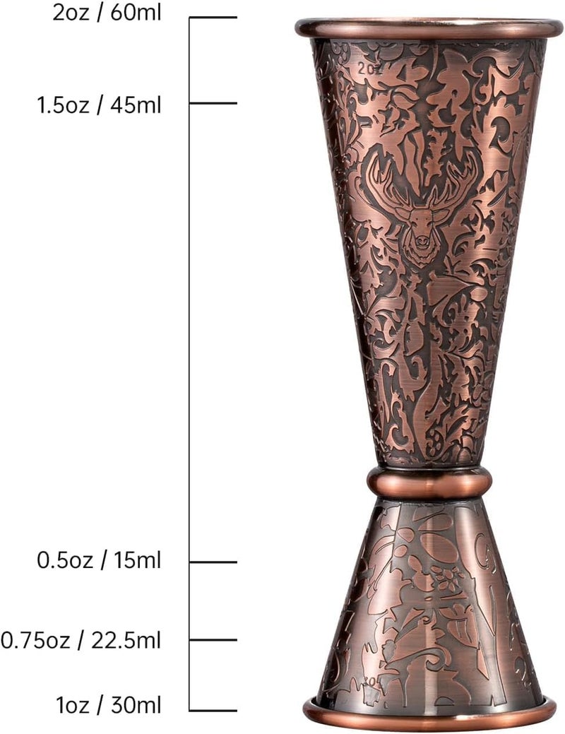Skyfish 3D Relief Cocktail Double Japanese Jigger 1/2oz, 3/4oz, 1oz, 1 1/2Oz, and 2oz,Reindeer Deer Head Pattern， Stainless Steel Measuring Jigger Copper Plated - Image 2